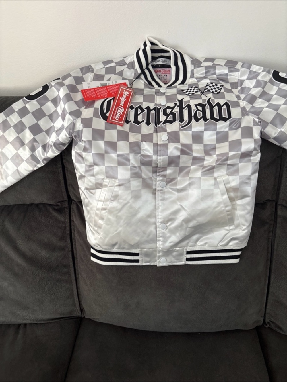Nostalgia Silver & Black Checkered Racing Bomber Jacket